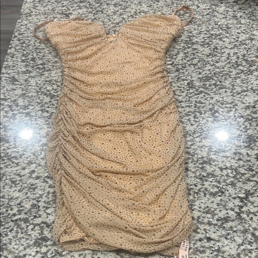 Elegant Tan Ruched Dress